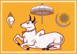 The Flag of the Aryacakravarti kings of Jaffna kingdom in northern Sri Lanka consisted of the sacred bull Nandi, the silver crescent moon with a golden sun. The single sacred conch shell, which spiral open to the right, and in the centre above the sacred bull, is a white parasol with golden tassels and white pearls. The color of the Royal Flag is saffron.The Setu coins minted by the Aryacakravarti kings also have a similar symbol. Image courtesy: www.jaffnaroyalfamily.org